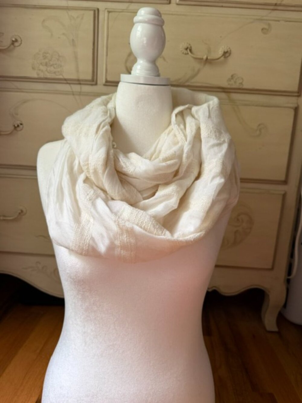 Ann Taylor Cotton Lightweight Cream Infinity Scarf- beautiful detailed fabric